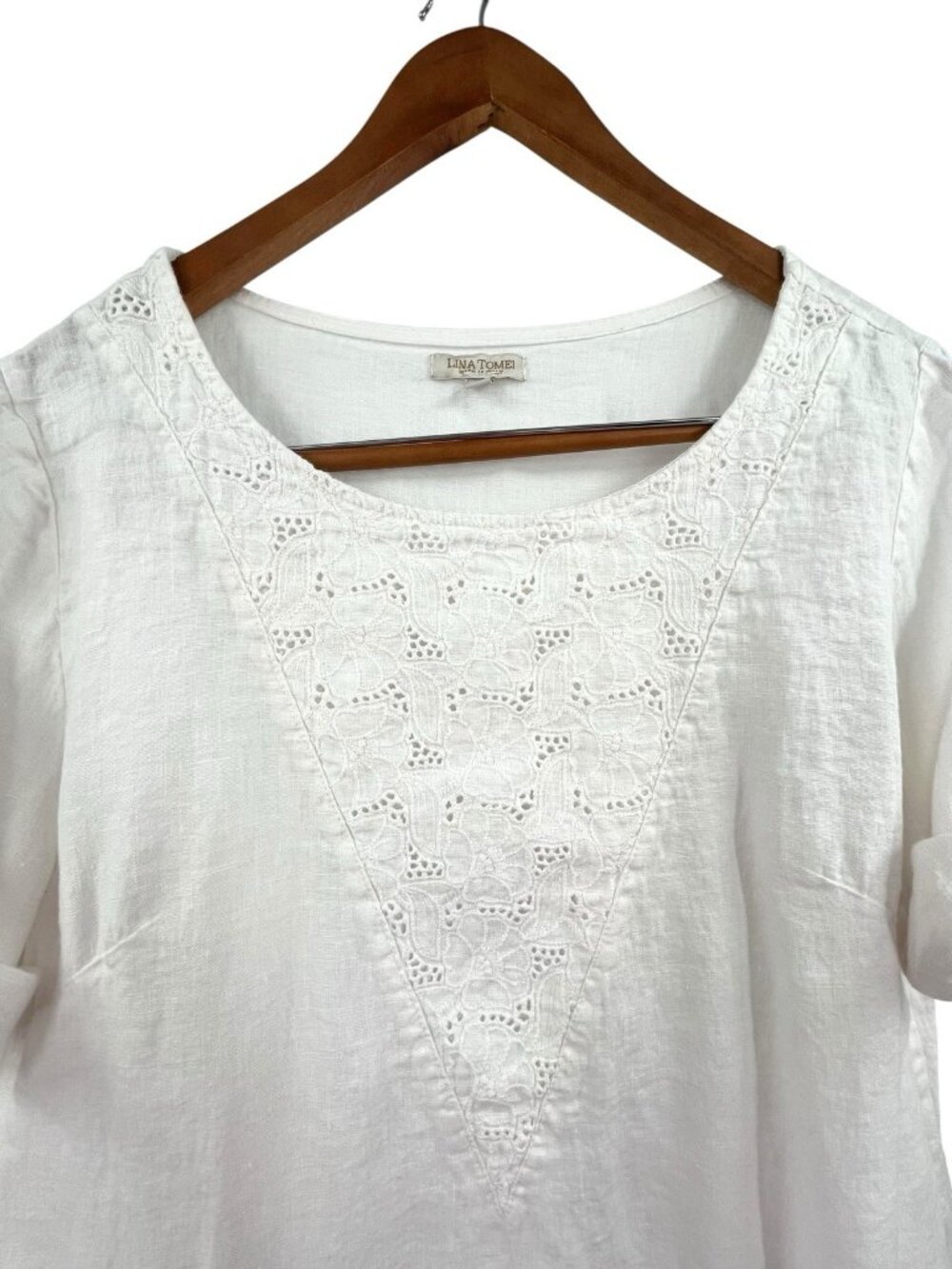 LINA TOMEI Women's White Linen Roll-Tab Short Sleeve Floral Crochet Blouse Large - Picture 2 of 6